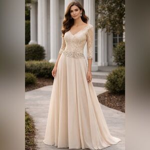 MC5750 by Cameron Blake Champagne Lace Mother’s Gown – Slim A-Line | NWT